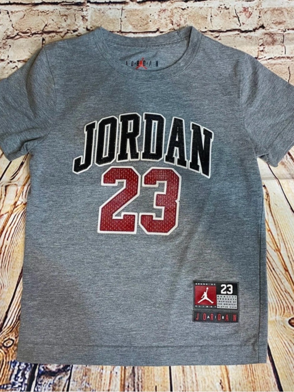 Jordan Boys' Gray Tee with Black Lettering and Red '23'